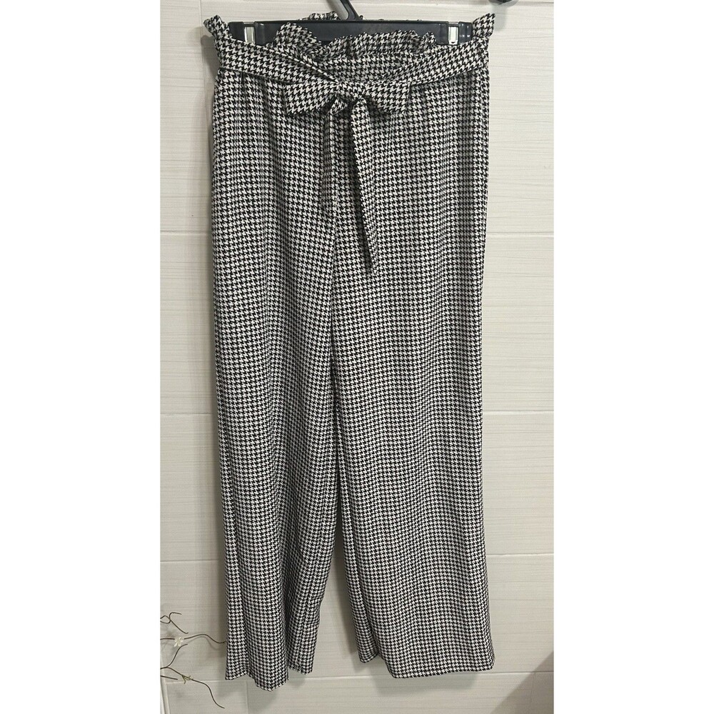 BeBop Black White Plaid Tie Front Wide Leg  Pant M, Casual Travel Office Comfort